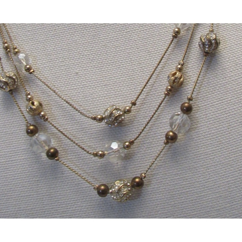 Vtg Gold Tone Triple Strand Layered Necklace Rhinestone Crystal Beaded Statement